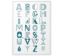 Papierschmiede® Affiche pour les enfants en A4 encadré en bois (blanc), Décoration murale pour chambre d'enfant et de bébé ou aire de jeux, murale pour garçons et filles, l'école ABC turquoise