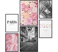 Papierschmiede® Set Mood Posters, Tableau Décoration Murale « Coco Paris » cadres en bois laqué noir, Bureau, Salon, Deco Chambre Parentale, Cuisine, 2x A3 et 4x A4, fleurs pivoines rose noir blanc