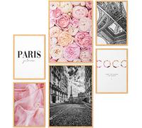 Papierschmiede® Set Mood Posters, Tableau Décoration Murale « Coco Paris » cadres en bois naturel, Bureau, Salon, Deco Chambre Parentale, Cuisine, 2x A4 et 4x A5, fleurs pivoines rose noir blanc