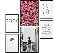 Papierschmiede® Set Mood Posters, Tableau Décoration Murale « Coco Rose Love » cadres en bois laqué noir, Bureau, Salon, Deco Chambre Parentale, Cuisine, 2x A4 et 4x A5, fleurs rose pétales