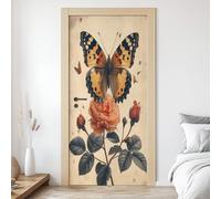 Papillon Autocollant Porte 3D Fleurs de Rose Affiche Fleur Printemps Stickers Porte Poster de Porte PVC Auto-adhésif pour Salon Cuisine Chambre Salle de Bain 93x205 cm W5s155