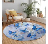 Papillon Bleu Fleurs Blanches Rond Tapis Salon 200 cm Monde Fantastique Rond Tapis Intérieur, Blanc Douce Dessous antidérapant Moquette Nettoyage Facile Moquette pour Salon Chambre Salle à Mange