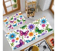 Papillon des Champs Tapis de Cuisine, Coloré Tapis Cuisine Devant Evier Long Antidérapant et Lavable, Insectes Dessin Animé Paillasson Lavable Décoratif Salon Couloir - 43x75+43x150cm