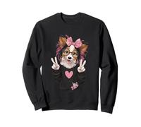 Papillon Dog Puppy Girl Double Signe de Paix Pop Humeur Graphique Sweatshirt