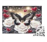 Papillon et Roses Puzzle 1000 Pièces Papier recyclé pour Adultes Puzzle pour Adultes Impossible Difficile Stimulant Jeu Familial Amusant Excellente idée Cadeau 52x38cm/1000pcs