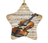 Papillon et violoncelle - Décorations de Noël en céramique avec étoile - Décoration de vacances en céramique faite à la main avec ficelle dorée pour sapin de maison festival.