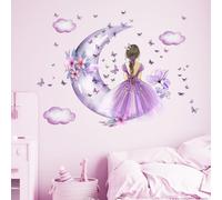 Papillon fille autocollant mural, nuages de lune fleur fée autocollant mural, peinture murale florale papillons art mural pour filles bébé chambre chambre à coucher salle de jeux-Violet