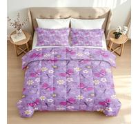 Papillon Floral Imprimée Couette sans Housse 180x200 4 Saisons,Enfant | Réversible Matelassée Libellule Mignon Duvet 2 Personnes Édredon Lavable en Machine,2 Taie d'oreiller Fille, Violet,rosa Q337