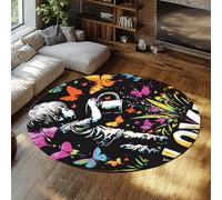 Papillon Floral Rond Enfants Tapis Lavable antidérapant Cercle avec Street-Art Enfant et Papillons colorés sur Noir Doux à Poils Ras Chambre Salon pièce Nuit à Coucher décor de d’Enfant 135cm