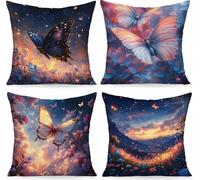 Papillon Housse Coussin 55X55cm Bleu Conception de Motifs Lin Matériel Coussin Canape Lot de 4, avec Fermeture Eclair Caché Exterieur Impermeable pour Lit Chambre Canapé Decoration Maison PjY2998 E-X