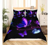 Papillon Housse de Couette Girly Violet Bleu Papillons Parure de Lit 220x240cm 3D Thème Animal Parure Housse de Couette pour Enfants Chambre Décor Paillettes Colorées Avec 2 Taie d'oreiller