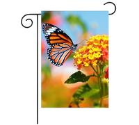Papillon Monarque Sur Une Fleur De Lantana, Par Une Belle Journée Ensoleillée De Printemps Ou D'Été Bannière Décoratif Drapeau Solide Drapeau De Jardin Pour Cour Vacances Maison 30X45Cm