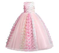 Papillon Robe Fille Enfant Princesse Mariage Appliqué 3D Robe Demoiselle d'honneur Soirée sans Manches Tutu Tulle Longue Fantasie Anniversaire Carnaval Fête Pageant Cérémonie Rose 5-6 Ans