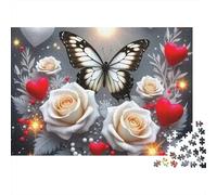 Papillon Roses Blanches Puzzle 1000 Pièces Puzzle pour Adultes Coeur Détente Interaction Familiale Décoration Cadeau 38x26cm/1000pcs