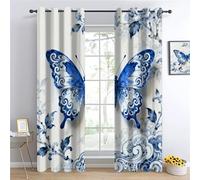 Papillon Salon Rideau Occultant, Papillon bleu Rideau Isolant Thermique,animaux sauvages Chambre Draperies, style porcelaine bleue et blanche Oeillets Decoration Rideaux L107 x H214cm 2 Panneaux
