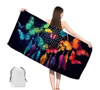 Papillon Serviette de Plage XXL 90x200cm avec Poches,Attrape-rêves Serviette Microfibre,Anti Sable,Séchage Rapide,Portable Drap de Plage pour Voyages,Sport,Piscine,Homme Femme Beach Towel, yj-727