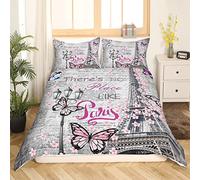 Papillon Tour Eiffel Parure de Lit 200x200cm Fleur de Cerisier Paris Tour Housse de Couette pour Enfants Filles Saint Valentin Sets de Housse de Couette Rose Sakura avec 2 taies d'oreiller