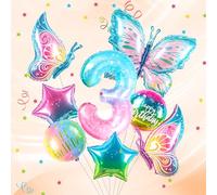 Papillon3 Ballon 3 ans décoration anniversaire papillon ballon chiffres 3 ans | Ballon aluminium papillons colorés - pour décoration fille 3e anniversaire - vole à l'hélium