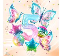 Papillon5 Ballon 5 ans décoration anniversaire papillon ballon chiffres 5 ans | Ballon aluminium papillons colorés - pour décoration fille 5e anniversaire - vole à l'hélium