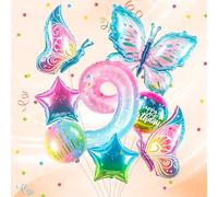 Papillon9 Ballon 9 ans décoration anniversaire papillon ballon chiffres 9 ans | Ballon aluminium papillons colorés - pour décoration fille 9e anniversaire - vole à l'hélium