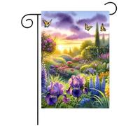 Papillons Aquarelle, Coucher De Soleil, Fleurs Roses Et Violettes, Iris, Hortensias, Paysage Printanier Garden Flag Couleurs Vives Drapeau De Jardin Solide Bannière Pour Extérieur Bar 30X45Cm