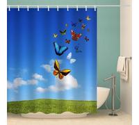 Papillons Colorés Rideau de Douche 120x200 cm Anti Moisissure 3D Ciel de Nuages Bleus et Blancs Rideaux de Baignoire Tissu Lavable Imperméable Polyester pour Rideau Douche Salle avec 8 Crochets k4