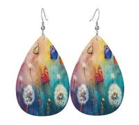 Papillons et pissenlits flottant dans le ciel Boucles d'oreilles en cuir en forme de larme pour femme - Boucles d'oreilles pendantes légères en PVC avec crochets en argent 925, imprimés double face |