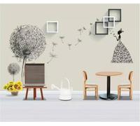 Papillons Filles Pissenlits Monochrome Géométrique Papier Peint 3D Installation Facile Intissé Tapisserie Bureau Salon Canapé Chambre Décoration Murale-250cm×170cm