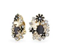 Papillons Noirs Blancs Fleur Chats Œil Jardin Boucles D'Oreilles À Clip Pour Femmes Oreilles Non Percées Laiton Plaqué Or