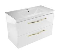paplinskimoebel Girona Sink Lavabo en céramique avec meuble inférieur, 80 cm de large, meuble de lavabo, à suspendre, avec tiroirs, meuble bas, blanc brillant avec poignée dorée