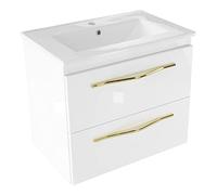 paplinskimoebel Girona Sink1 Lavabo en céramique avec meuble inférieur, 60 cm de large, meuble bas à suspendre, meuble bas avec tiroirs, placards de lavage, blanc brillant avec poignée dorée