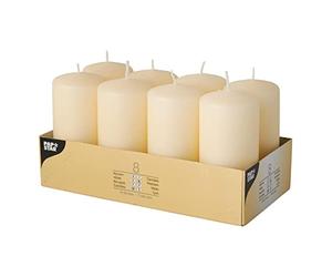 Papstar #17981 - Lot de 8 Bougies piliers Rondes - Crème - Diamètre : 5 cm - Longueur : 10 cm - Longue durée de Combustion : Environ 16 Heures - Combustion sans suie - pour Restauration, fêtes et