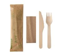 PAPSTAR Kit de couverts (fourchette, couteau et serviette en sac compostable) 15 paquets 100 % biodégradables, durables en bois