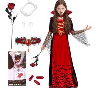 PAPU Deguisement Halloween Gothique Vampire Fille,Lot de 7 Costume Halloween Royal Vampire,Robe Enfants avec Crocs,Faux Sang Accessoires,DéGuisement MaléFique Enfant,Robe Gothique Fille M (8-10 ans)