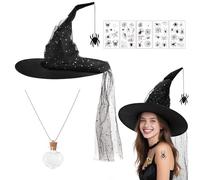 PAPU Lot 3 Sorcière Chapeau Halloween, Chapeaux Noir Sorcière avec Pendentif Araignée, Collier Bouteille Potion et Autocollants Araignées, Sorciere Decoration, Sorciere Deguisement Halloween Femme