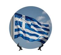 PAQOLSMCKR Assiette décorative en porcelaine anglaise Drapeau grec Assiettes à dîner en céramique Drapeau grec Assiettes décoratives Support en céramique Ornement Art Artisanat Assiette en porcelaine
