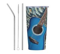 PAQOLSMCKR Gobelet isotherme en acier inoxydable avec couvercle de 591 ml - Gobelet isotherme bleu en forme de guitare pour voyage - Tasse à café réutilisable pour voiture - Tasse à café à double