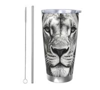 PAQOLSMCKR Gobelet isotherme en acier inoxydable avec couvercle de 591 ml - Tasse à café réutilisable à double paroi en forme de tête de lion noire et blanche pour le voyage