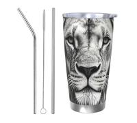 PAQOLSMCKR Gobelet isotherme en acier inoxydable avec couvercle de 591 ml - Tasse à café réutilisable à double paroi en forme de tête de lion noire et blanche pour le voyage