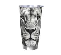 PAQOLSMCKR Gobelet isotherme en acier inoxydable avec couvercle de 591 ml - Tasse à café réutilisable à double paroi en forme de tête de lion noire et blanche pour le voyage