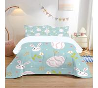 Pâques Couette 140x200 Imprimée Lapin Blanc Adapté Aux Enfants - Couette 4 Saisons Reversible avec Motif Œufs Rayés Marguerites - Couette 1 Personne Lavable en Machine et Taie d'oreiller - RY-17