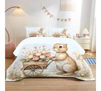 Pâques Couette 200x200 Imprimée Lapin Marron Bouquets Floraux - Couette 4 Saisons Motif Style Rustique Tulipes Roses - Couette sans Housse Lavable pour Lit 2 Personnes et Taies d'oreiller - RY-55