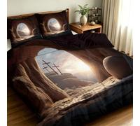 Pâques Housse de Couette en Respirant Microfibre 140 x 200 cm | Porte En Pierre Tombeau Vide Croix Parure de Lit, Marron Fermeture à Glissière Facile à Réparer