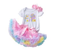 Pâques Infantile Nouveau-né bébé Filles à Manches Courtes Lettre Catrtoon Barboteuse Hauts nœud Tutu Jupe avec Bandeaux 3 pièces Tenues Ensemble