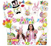 Pâques Photobooth Accessoires, 31pcs Photo Booth Props DIY Kit avec Cadre Photo pour Pâques Adéguisement Masquerade, Œuf de Pâque Poussin Lapin Lunettes Moustache Chapeau Flèche Panneau