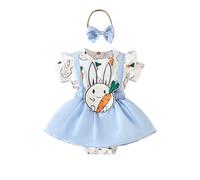 Pâques Robe pour Bébé Fille à Manches Courtes Pâques Dessin Animé Lapin Imprime Barboteuse Body Volants + Bandeau Élégante Ensemble de vêtements d'été, Tenues de Pâques (Sky Blue, 12-18 Months)