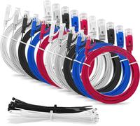 Paquet de 10 Câbles LAN CAT6 RJ45 Extra PLAT et MINCE - UTP - 32AWG - 0.5 mètre - Multicolores (Gris, Bleu, Blanc, Noir, Rouge) - avec 15 attaches de câbles