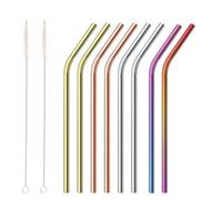 Paquet de 10 - Pailles reutilisables de couleur en acier inoxydable - Comprend 2 longues brosses de nettoyage