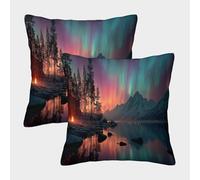 Paquet De 2 45x45cm Housse De Coussin Feu de Joie au Bord d'un lac Nordique Motif Décorative Aurore boréale Canapé Taie d'oreiller Carrée Adaptée pour Lit Voiture Maison