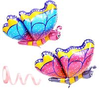 Paquet De 2 Ballons Papillon,1 Rouleau De Ruban,Décoration D'anniversaire Pour Enfants Papillon,Décoration Papillon De Fête D'anniversaire,Ballon En Aluminium Tridimensionnel